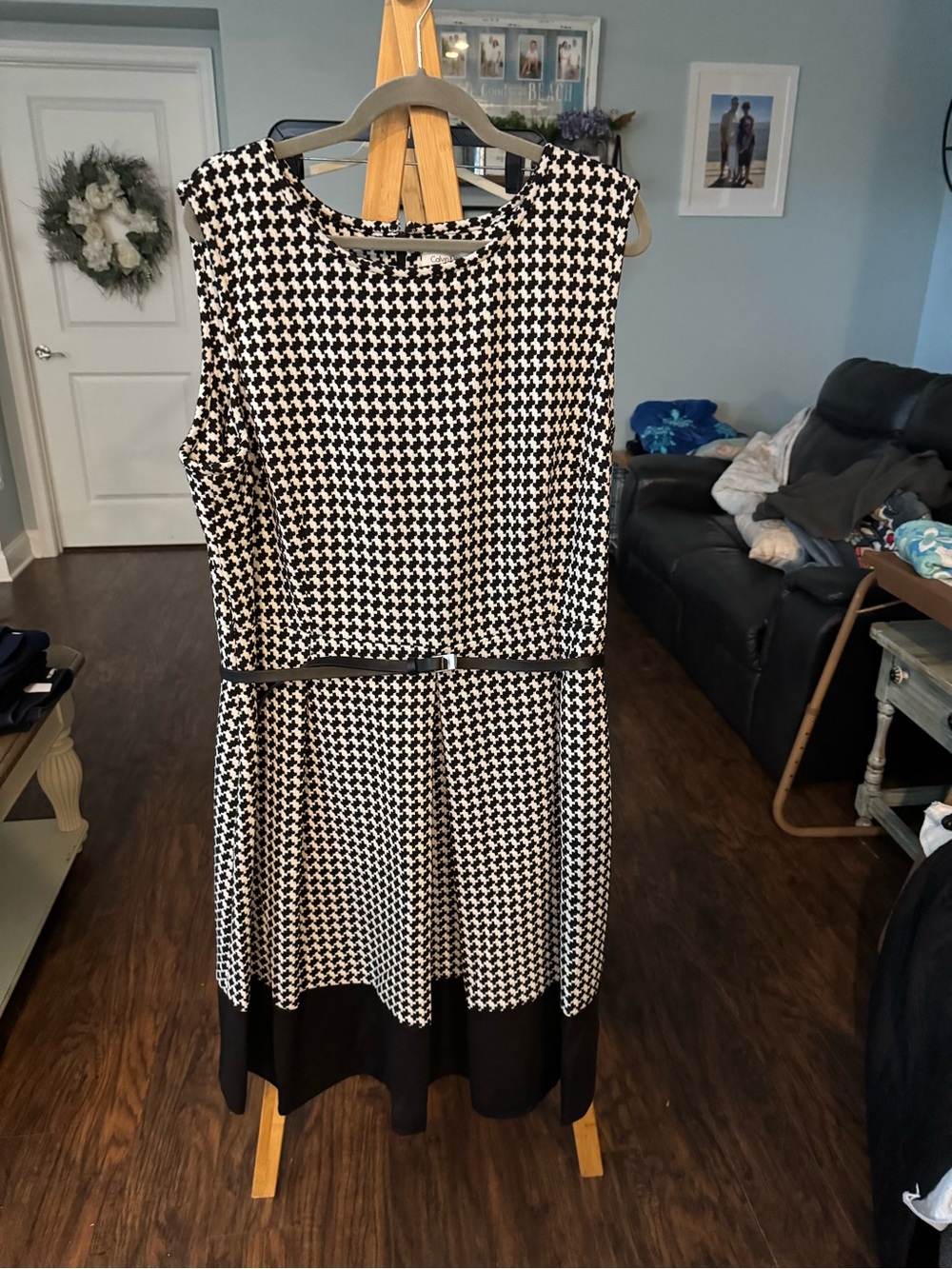 Calvin Klein Black and White Houndstooth Sleeveless Fit-and-Flare Dress